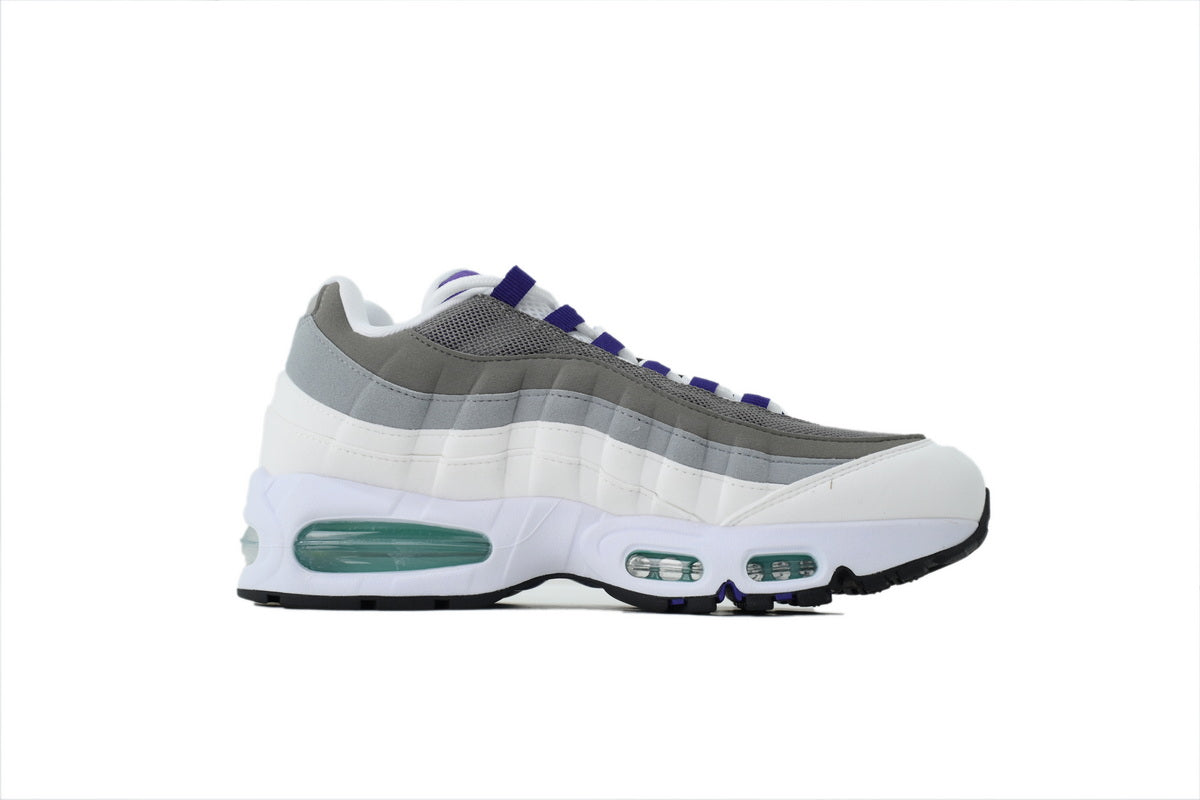 Nike Air Max 95 in a white, grey, and purple colorway.