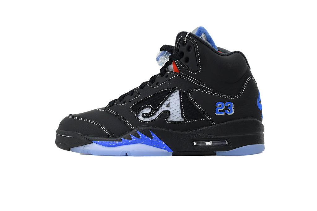 Awake NY x Air Jordan 5 Blackl + university blue accents + “NY” heel
