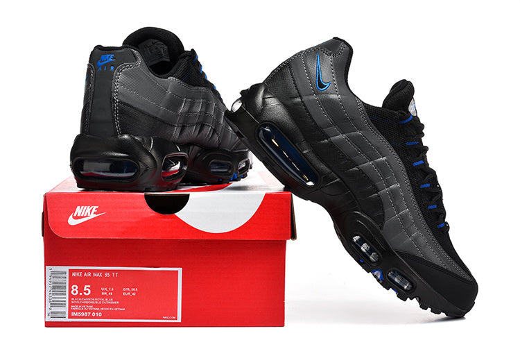 This is a Nike Air Max 95 in a black, grey, and blue colorway.