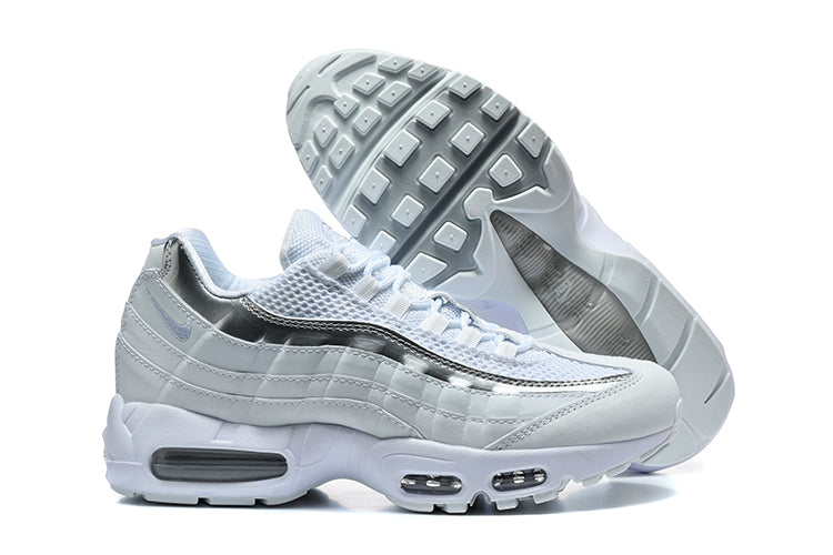 Nike Air Max 95 in an all-white and metallic silver colorway.