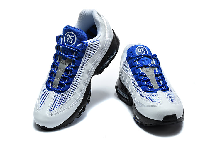 This is a Nike Air Max 95 in a white and royal blue colorway.