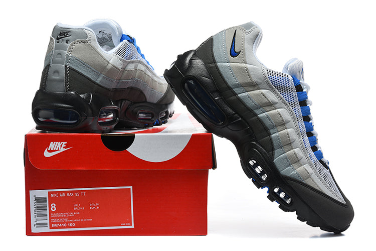 Nike Air Max 95 in a grey, black, and royal blue colorway