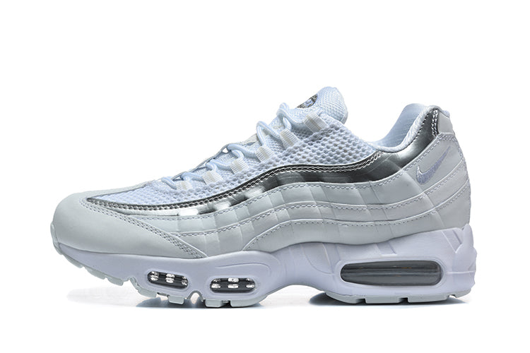 Nike Air Max 95 in an all-white and metallic silver colorway.