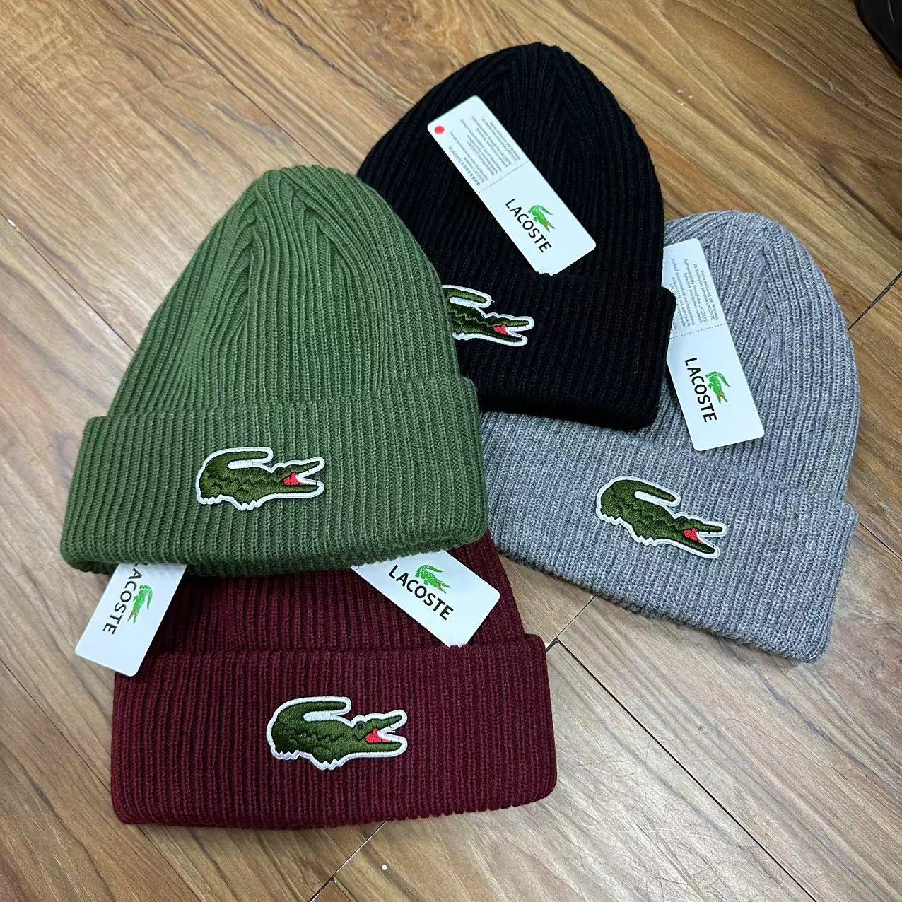 Lacoste Ribbed Cuff Beanie with Croc Patch