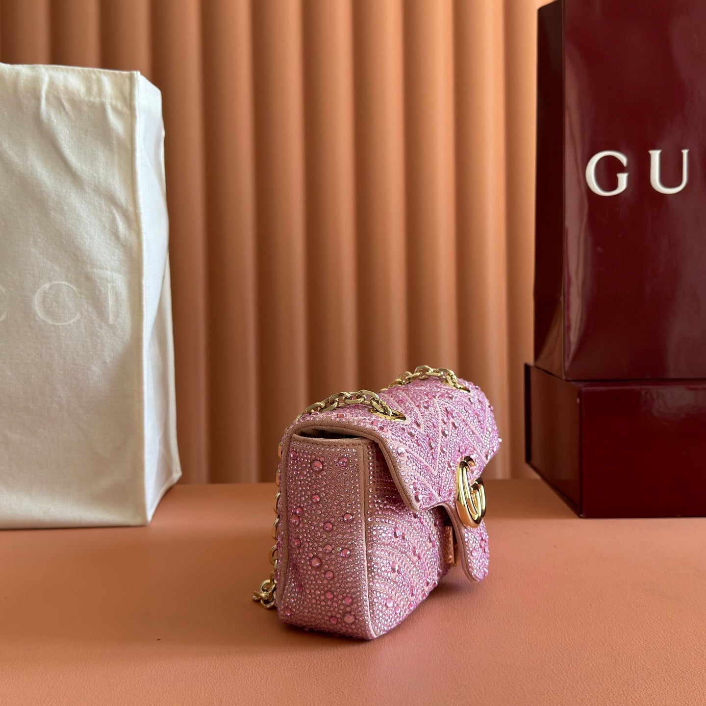 GG Marmont Crystal Mini Chain Bag - Pink