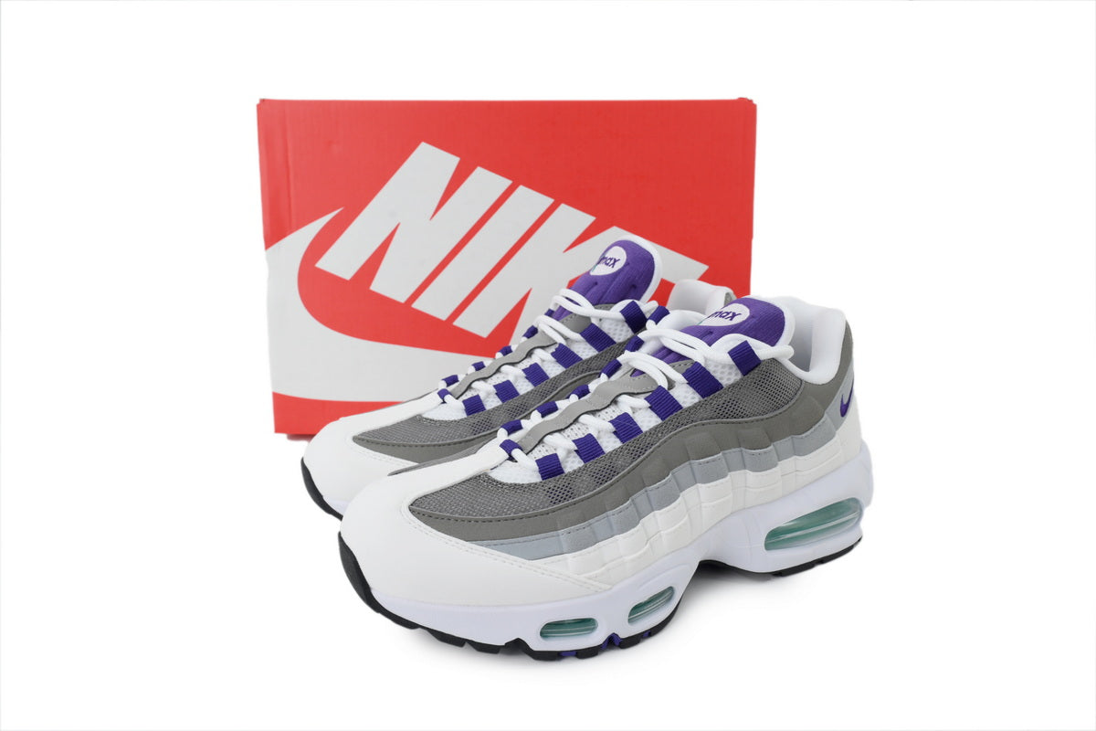 Nike Air Max 95 in a white, grey, and purple colorway.