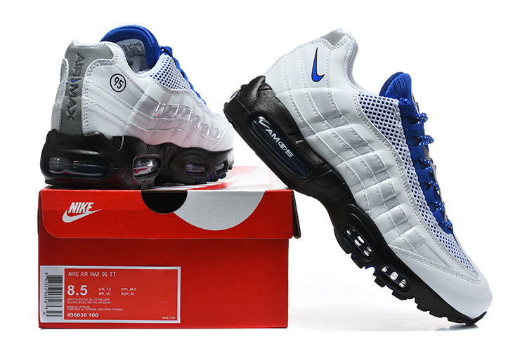 This is a Nike Air Max 95 in a white and royal blue colorway.