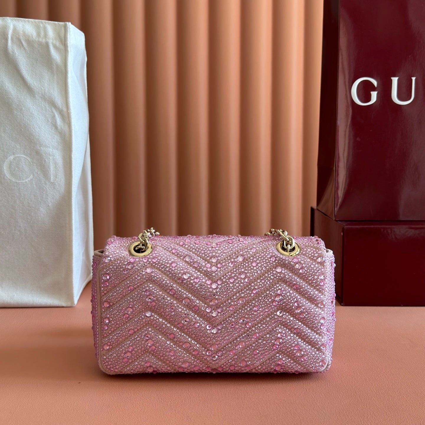 GG Marmont Crystal Mini Chain Bag - Pink