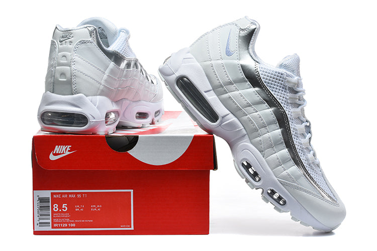 Nike Air Max 95 in an all-white and metallic silver colorway.