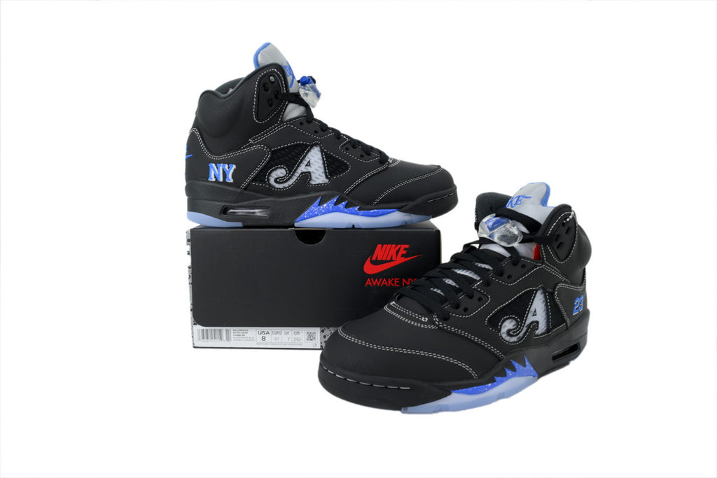 Awake NY x Air Jordan 5 Blackl + university blue accents + “NY” heel