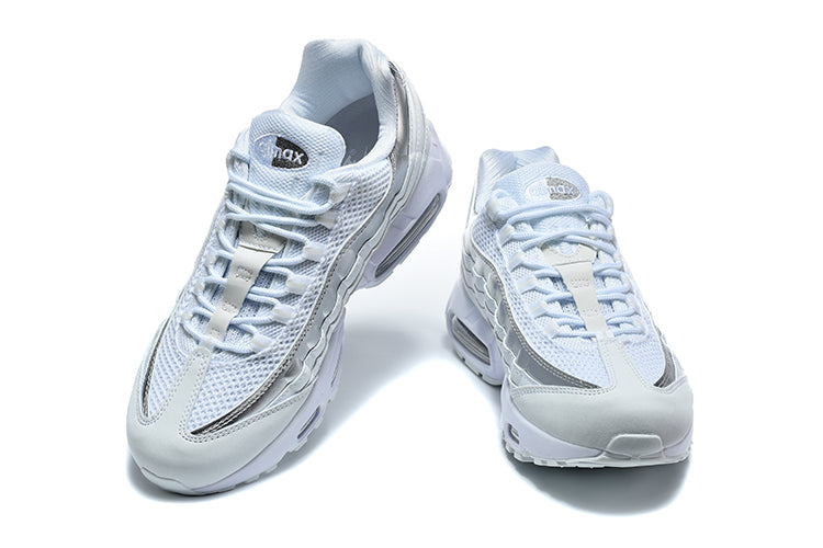 Nike Air Max 95 in an all-white and metallic silver colorway.