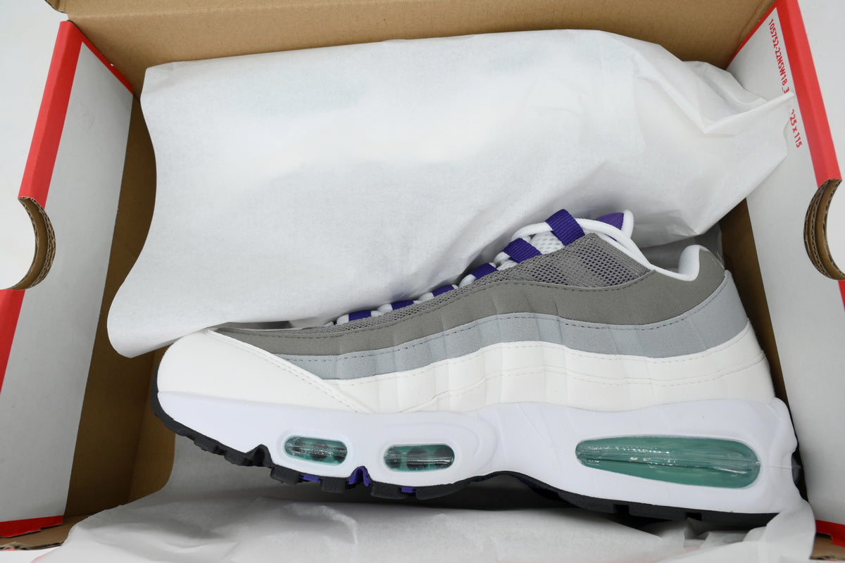 Nike Air Max 95 in a white, grey, and purple colorway.