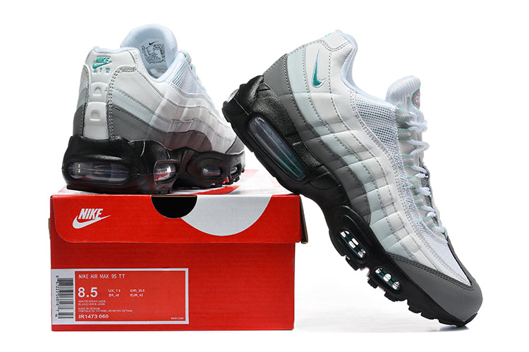 This is a Nike Air Max 95 in a white, grey, and teal colorway.